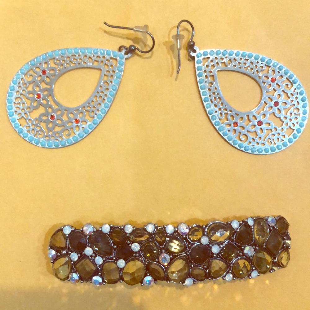 Earrings and crystal hair clip